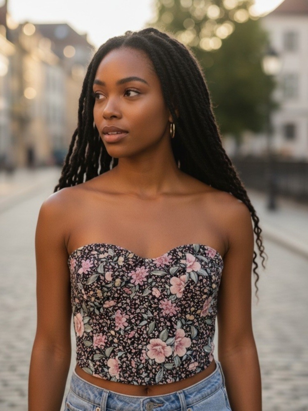 Altar'd State Black Strapless Floral Bustier Top with Pink Blooms